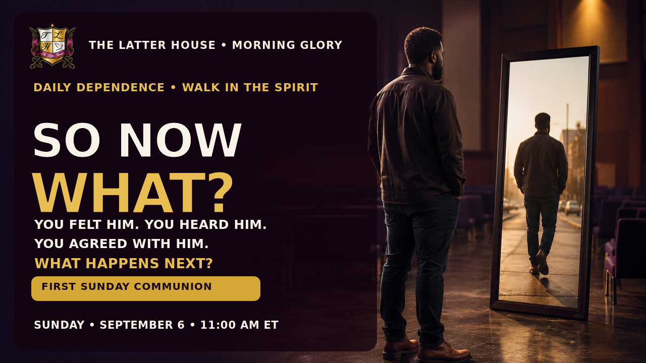 SO NOW WHAT? sermon artwork showing a Black adult believer before a mirror whose reflection walks into city life.